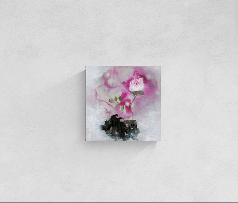 "Sanctuary Bloom" abstract impressionism canvas wall art of a pink rose with green leaves on a textured white and black background by Little Haven Art Studio.