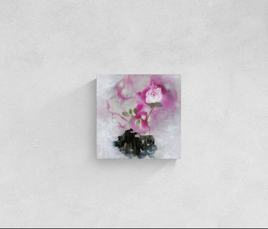 "Sanctuary Bloom" abstract impressionism canvas wall art of a pink rose with green leaves on a textured white and black background by Little Haven Art Studio.