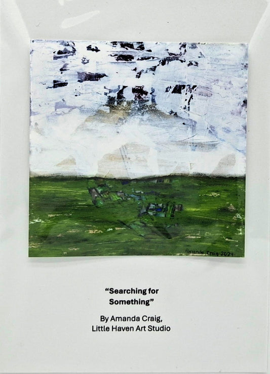 Searching for Something card of abstract mixed media artwork in green and white with collage by Little Haven Art Studio. 