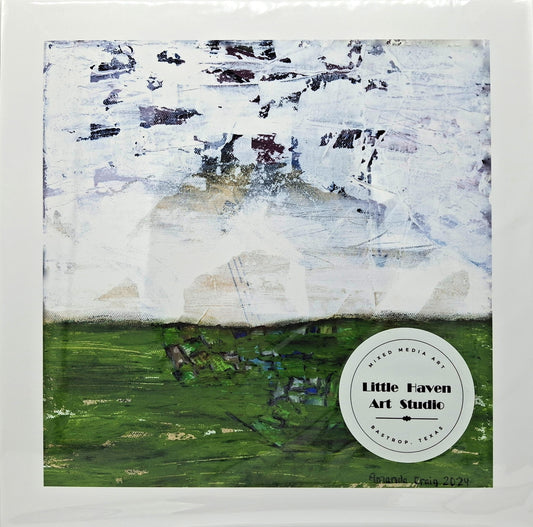 Searching for Something meditative giclee print of abstract mixed media artwork in green and white with collage by Little Haven Art Studio. 