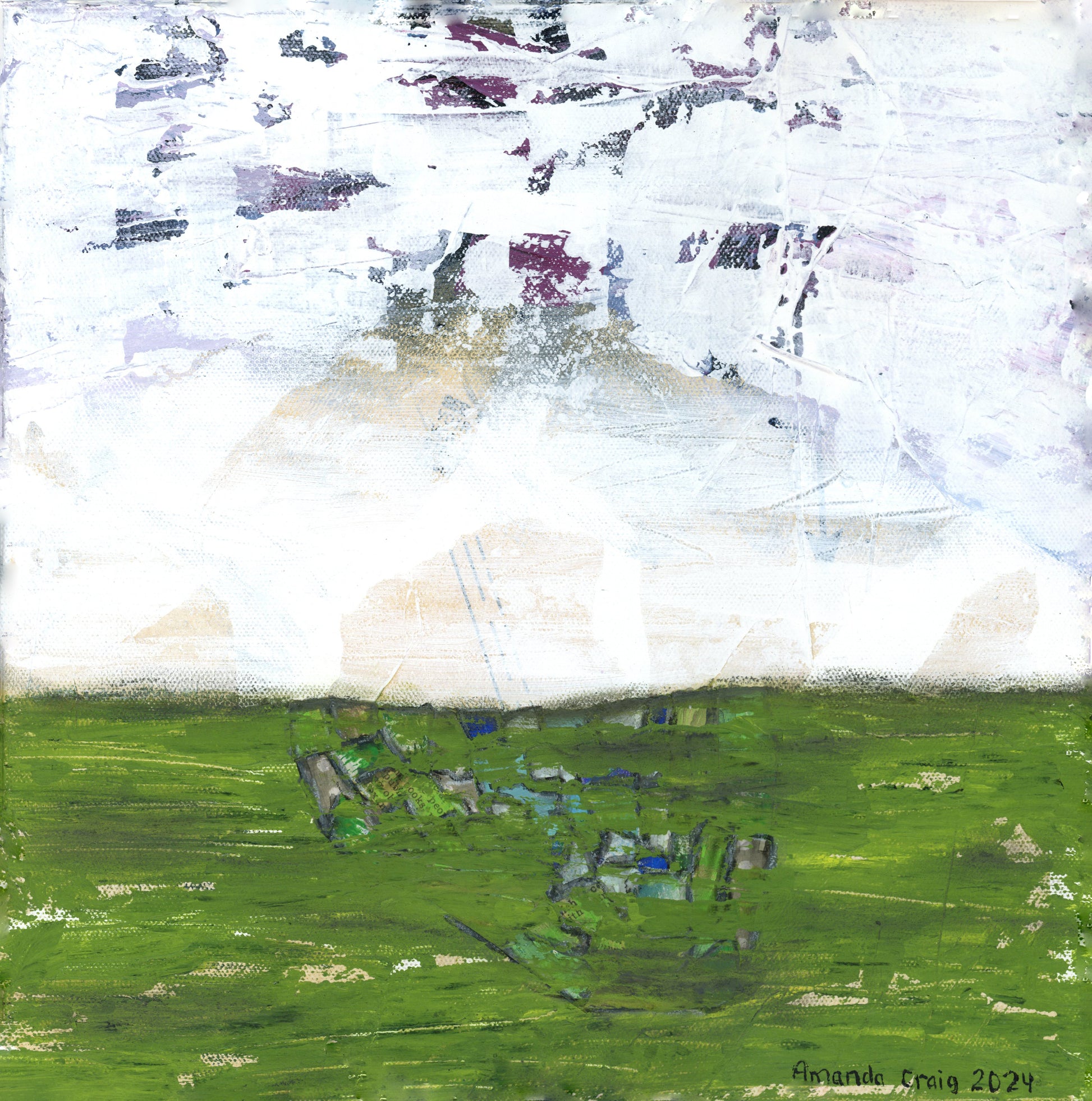 Original abstract mixed media artwork in green and white with collage by Little Haven Art Studio. 