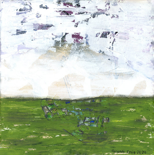 Original abstract mixed media artwork in green and white with collage by Little Haven Art Studio. 
