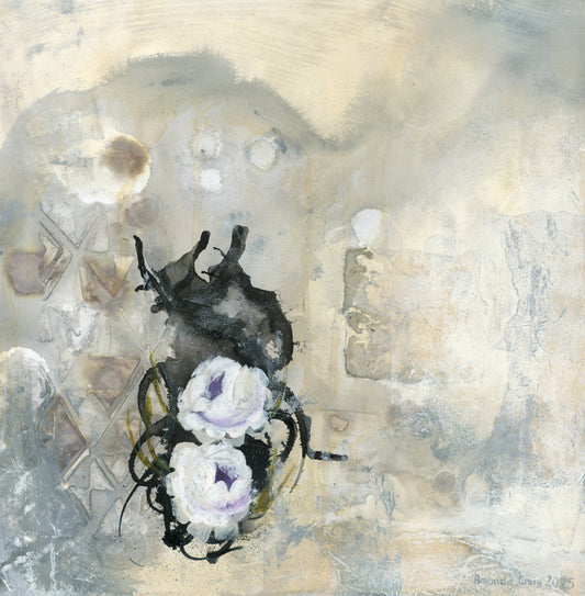 "Secret Garden" painting of a lavender and white roses with green leaves on a textured yellow, white, grey, and black background by Amanda Craig.