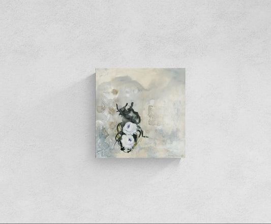Original earthly floral mixed media wall art, titled "Secret Garden" by Little Haven Art Studio, of lavender and white roses with green leaves on a textured yellow, white, grey, and black background.