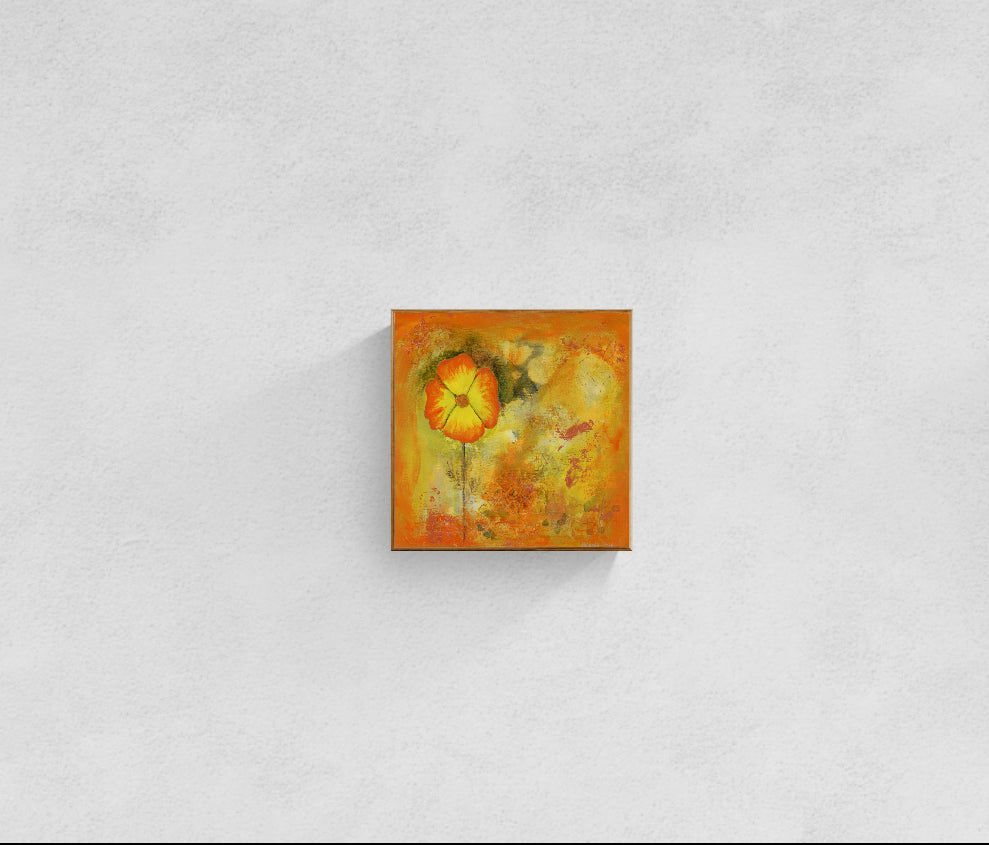 Original floral mixed media painting on abstract background titled, "Seek Him," by Amanda Craig of Little Haven Art Studio, in orange and fire opal tones with highlights of metallic copper with a copper tone floating frame.