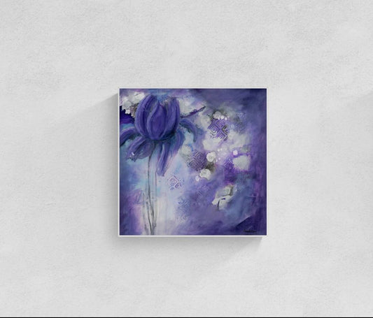 Original floral mixed media painting on abstract background titled, "Sovereignty," by Amanda Craig of Little Haven Art Studio, in amethyst purple, grey, white, and metallic silver, with silver tone floating frame.