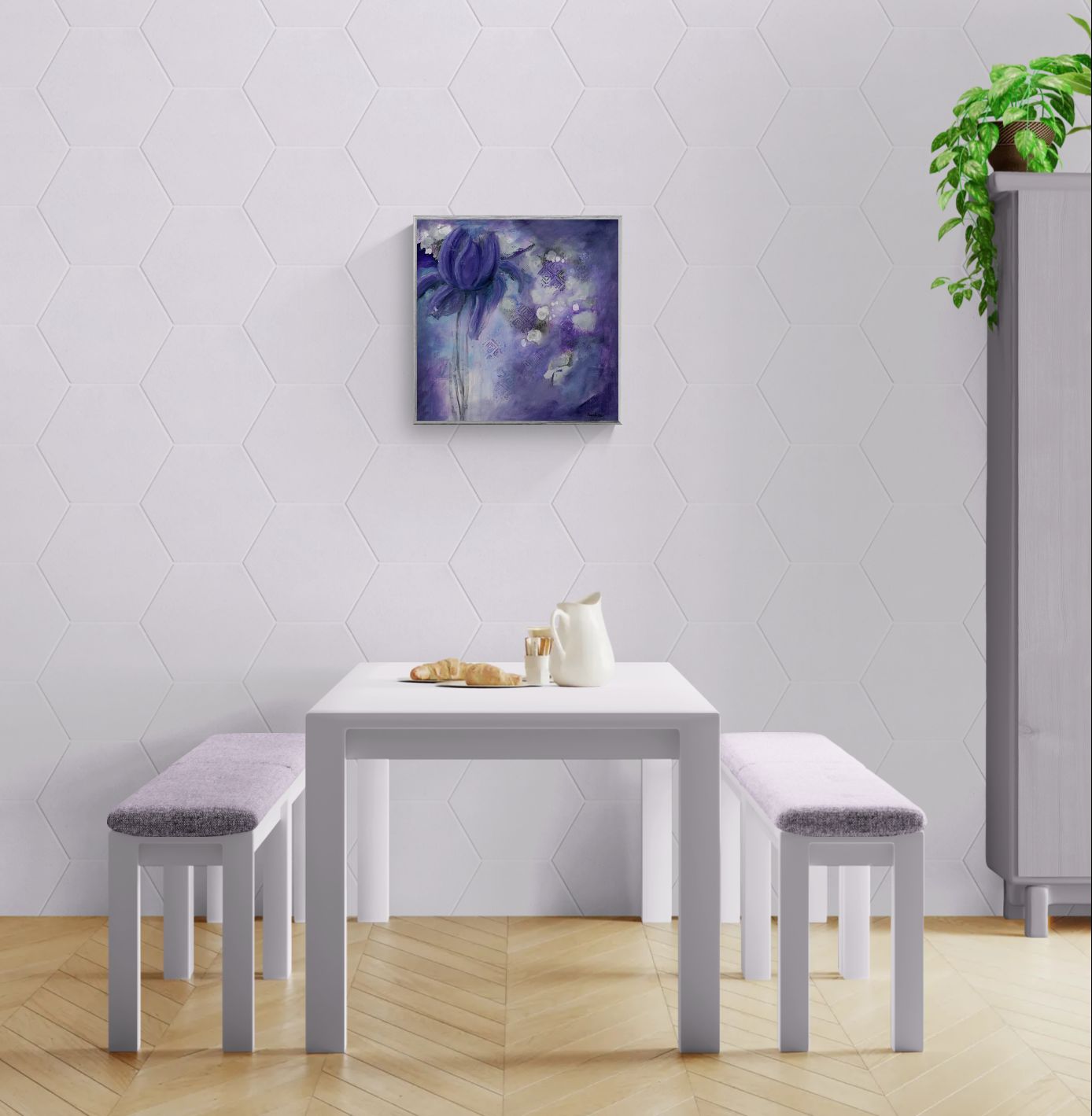 Original floral mixed media painting on abstract background titled, "Sovereignty," by Amanda Craig of Little Haven Art Studio, in amethyst purple, grey, white, and metallic silver, with silver tone floating frame hanging on wall above gray cabinet with books.