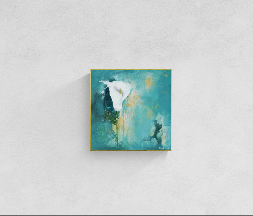 Original floral mixed media painting on abstract background titled, "Steadfast," by Amanda Craig of Little Haven Art Studio, in teal, white, green, and metallic gold, with gold tone floating frame.