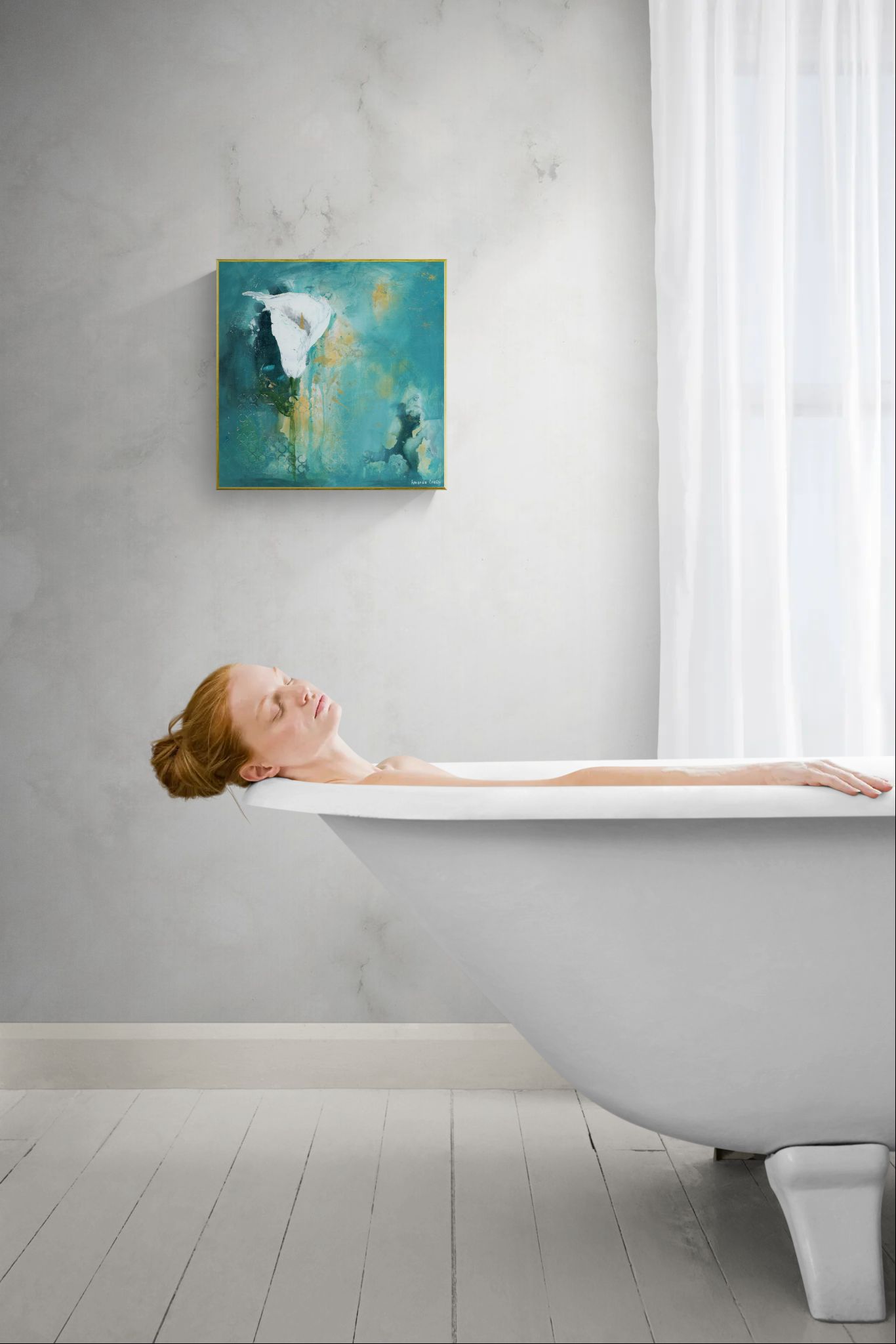 Original floral mixed media painting on abstract background titled, "Steadfast," by Amanda Craig of Little Haven Art Studio, in teal, white, green, and metallic gold, with gold tone floating frame hanging in bathroom hanging above white bathtub.