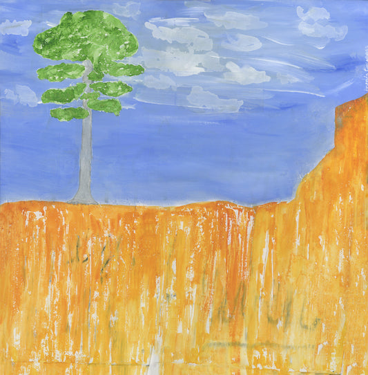 Original mixed media art of tree on a red hill by Amanda Craig, Little Haven Art Studio.