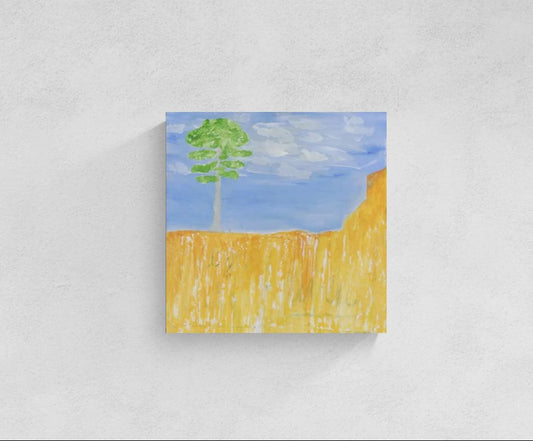 Original mixed media wall art, titled "Still Standing" by Little Haven Art Studio, of a tree on a red hill in Bastrop County, Texas.