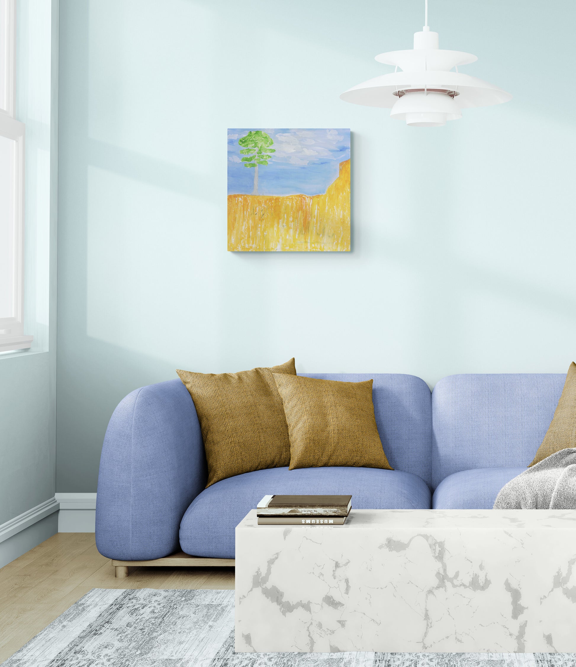 Original mixed media art of tree on a red hill in a living room by Amanda Craig, Little Haven Art Studio.