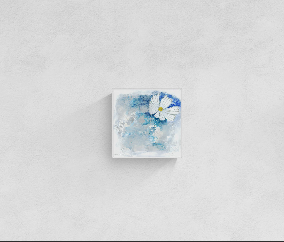 Original floral mixed media painting on abstract background titled, "Stillness," by Amanda Craig of Little Haven Art Studio, in sapphire blue, aqua, bright white, and metallic silver with a silver tone floating frame.