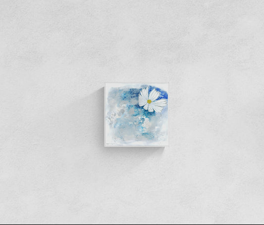 Original floral mixed media painting on abstract background titled, "Stillness," by Amanda Craig of Little Haven Art Studio, in sapphire blue, aqua, bright white, and metallic silver with a silver tone floating frame.