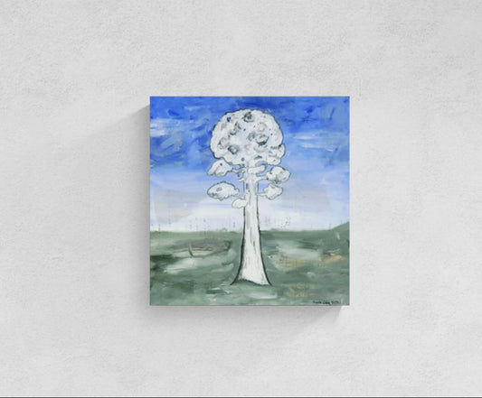 Original mixed media wall art, titled "Struggling for Space" by Little Haven Art Studio, of an ashy tree with a backdrop of blue sky and green grass. 