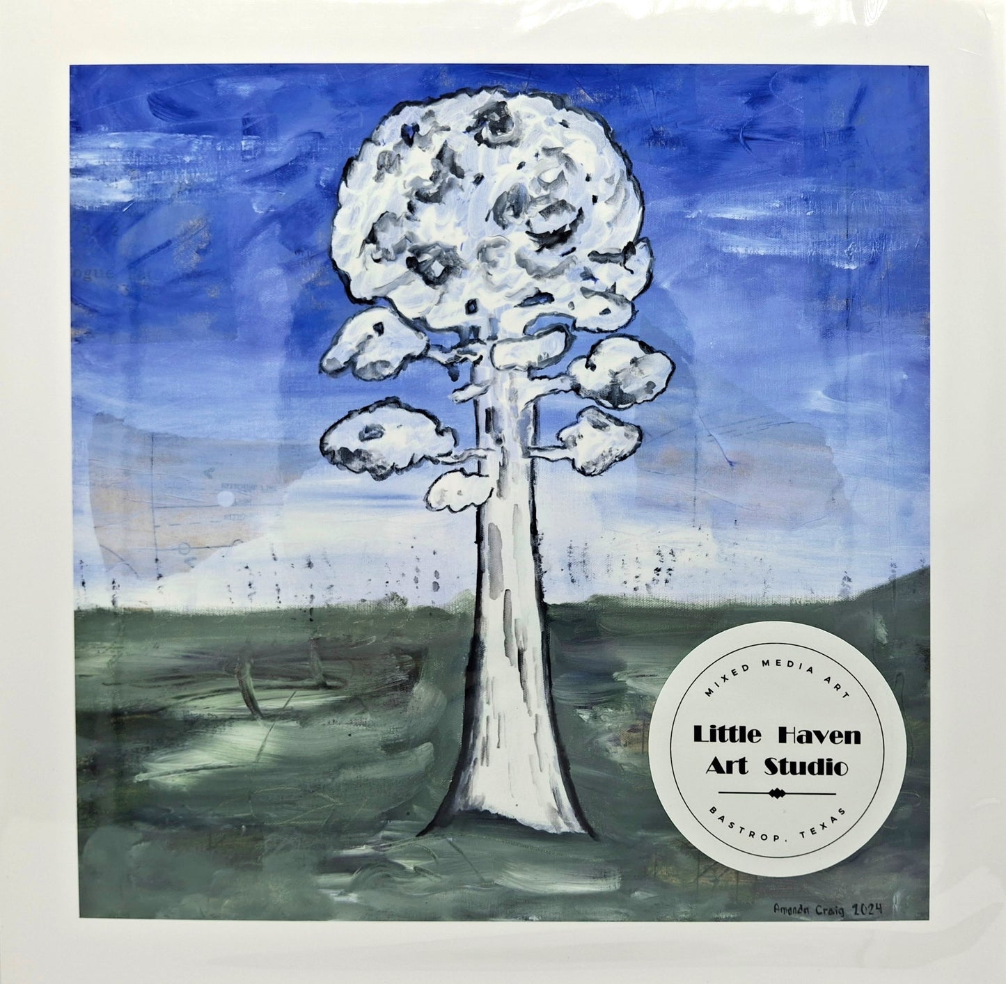 Print of mixed media art, titled "Struggling for Space," by Little Haven Art Studio of ashy tree with a backdrop of blue sky and green grass. 