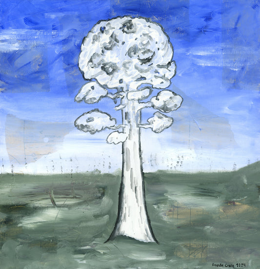 Original mixed media art painting by Little Haven Art Studio of tree with blue sky and green grass. 