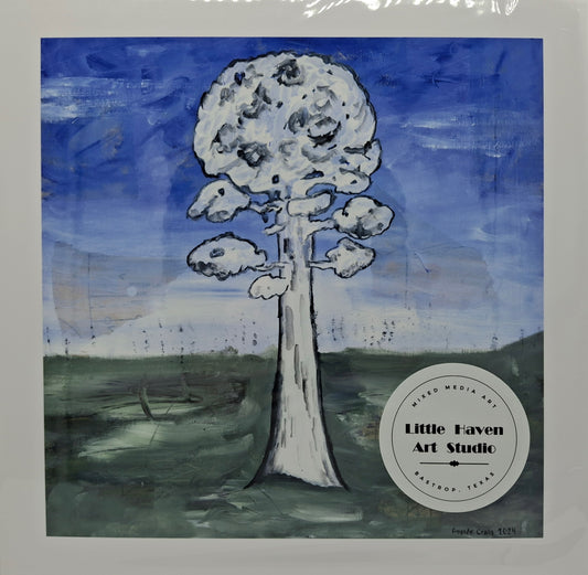 Print of mixed media art by Little Haven Art Studio of tree with blue sky and green grass. 
