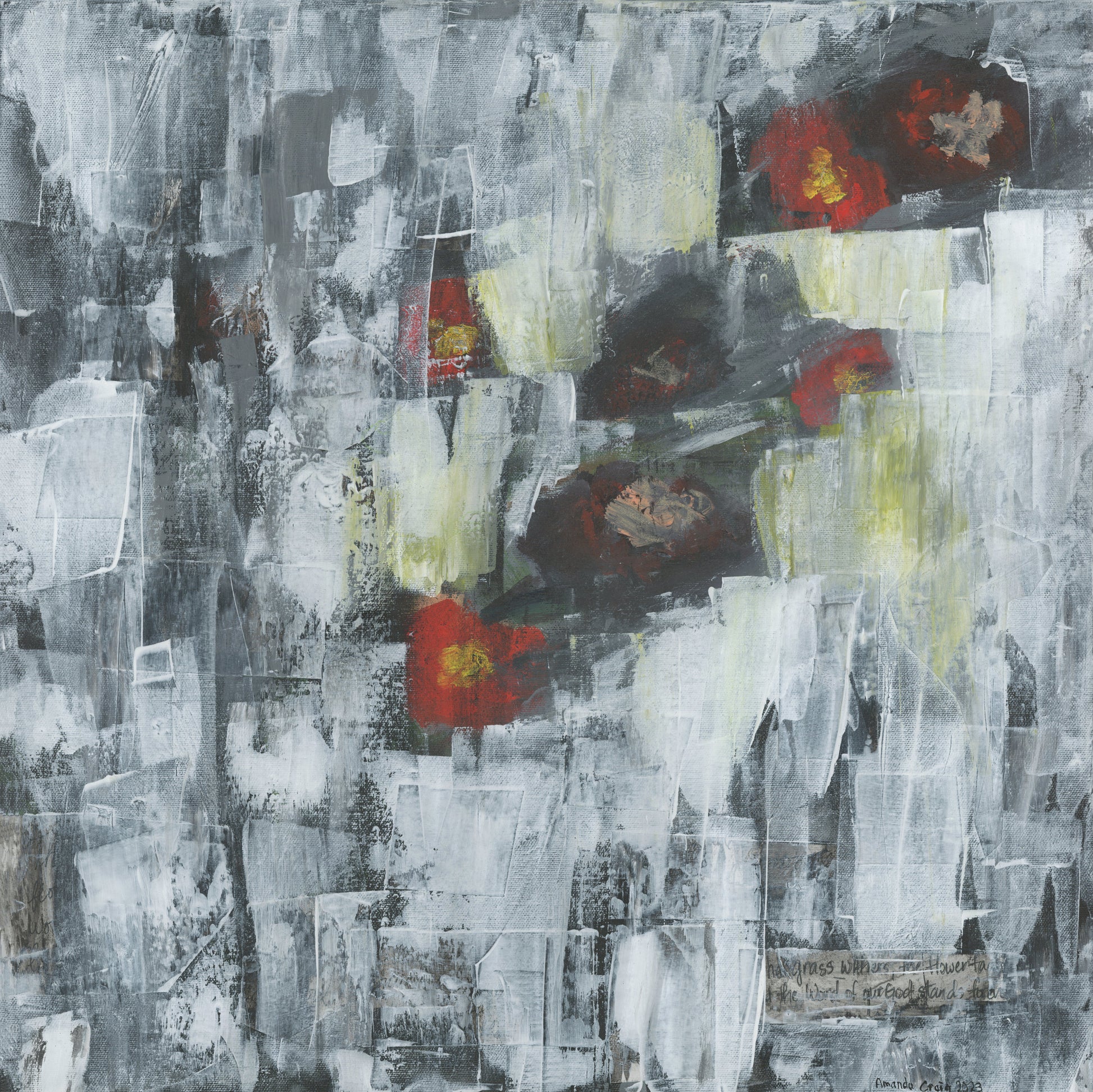 The Flowers Fade original mixed media art of abstract red and yellow flowers on gray and white background by Amanda Craig of Little Haven Art Studio.