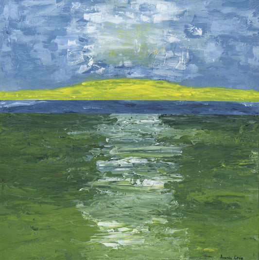 The Golden Strand original painting of abstract landscape of path through field and water by Amanda Craig, Little Haven Art Studio, in green, blue, white, and yellow.