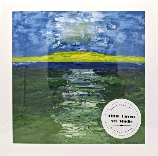 The Golden Strand print of abstract landscape of path through field and water by Amanda Craig, Little Haven Art Studio, in green, blue, white, and yellow.