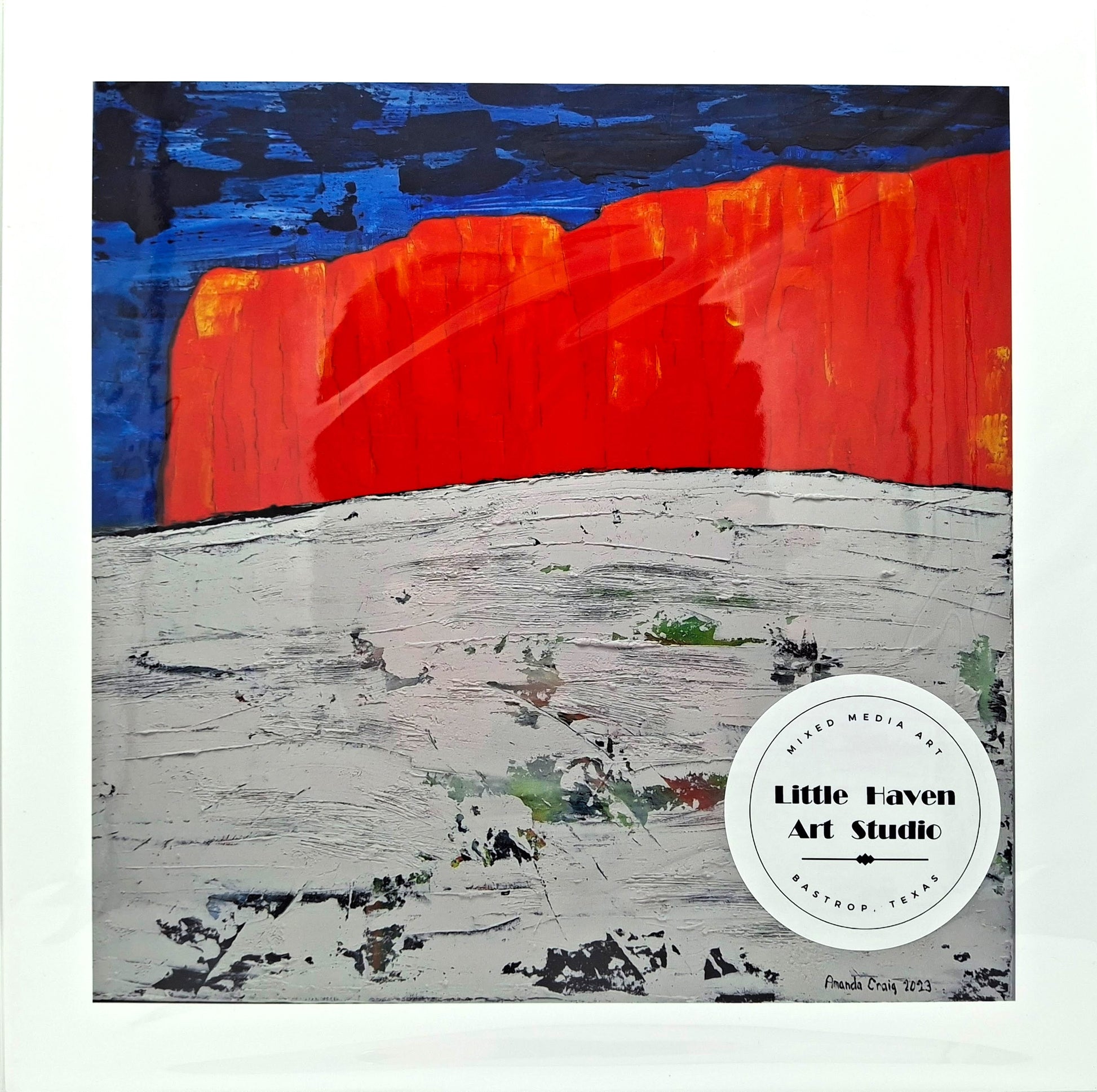 The Hematite Hills of Tahitian Village print of mixed media art featuring red hill in Tahitian Village of Bastrop, TX by Amanda Craig, Little Haven Art Studio.