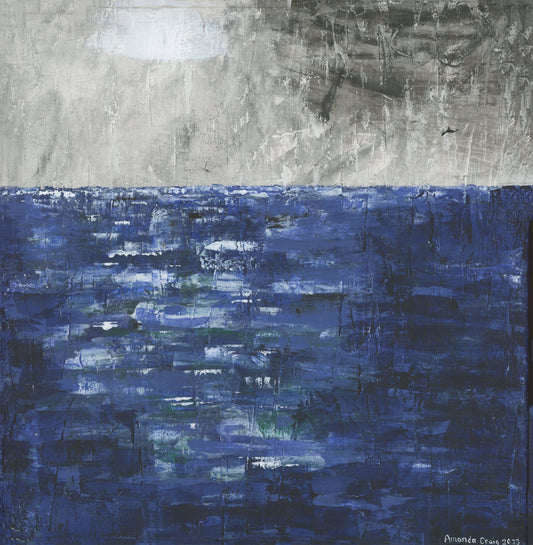Original abstract mixed media ocean painting with blue and gray tones by Little Haven Art Studio.