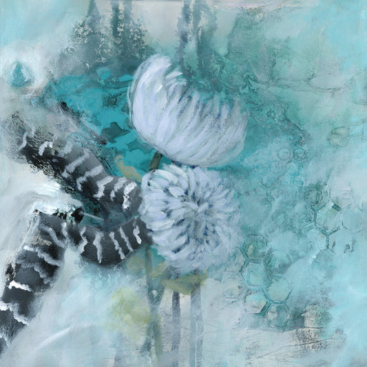 Original floral abstract realism mixed media art by Little Haven Art Studio in teal, mint, black, gray, white. By Amanda Craig.