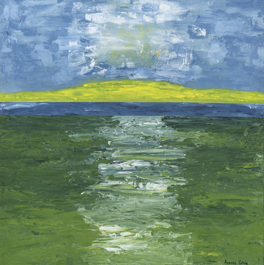 Original mixed media art of abstract landscape of path through field and water by Amanda Craig, Little Haven Art Studio.