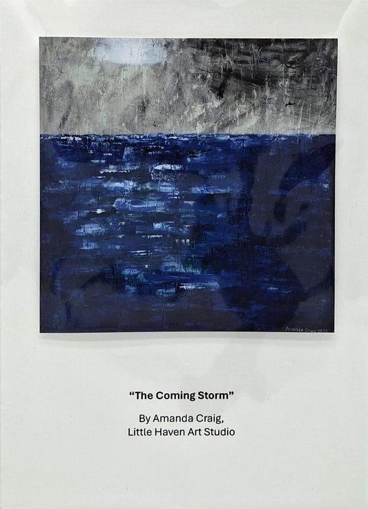 Card with print image of abstract ocean landscape, titled "The Coming Storm," with blue and gray tones and storm approaching, by Little Haven Art Studio.