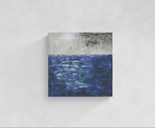 Original abstract mixed media ocean painting with blue and gray tones by Little Haven Art Studio.