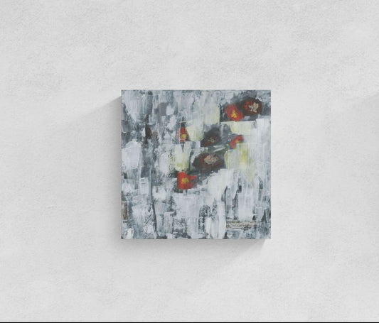 The Flowers Fade original mixed media art of abstract red and yellow flowers on gray and white background by Amanda Craig of Little Haven Art Studio.