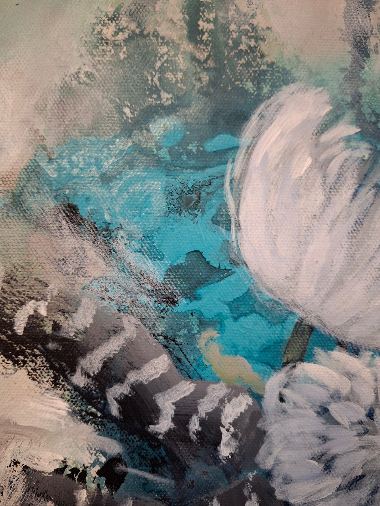 Detail of original floral abstract realism mixed media art by Little Haven Art Studio in teal, mint, black, gray, white. By Amanda Craig.