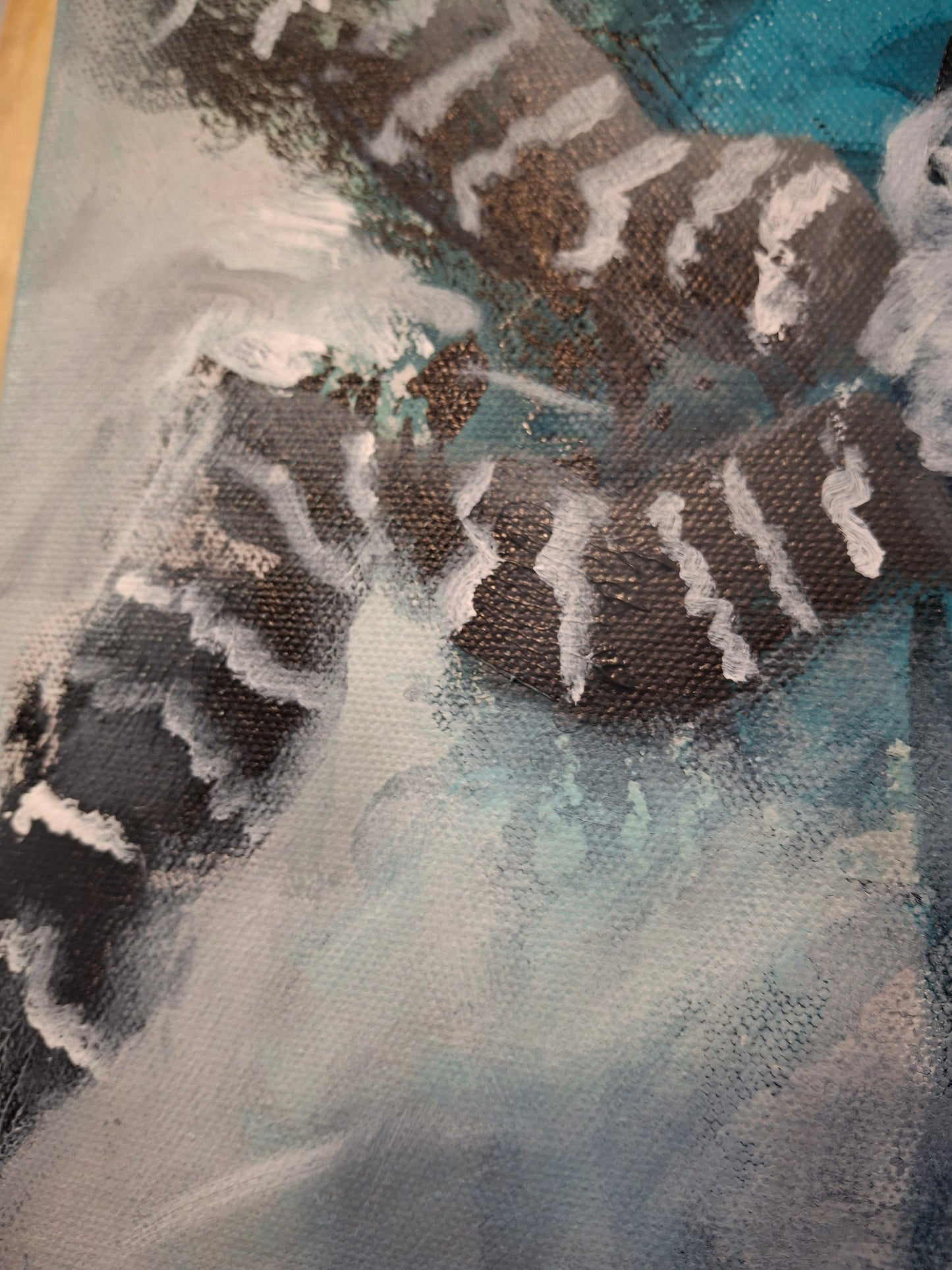 Detail of original floral abstract realism mixed media art by Little Haven Art Studio in teal, mint, black, gray, white. By Amanda Craig.