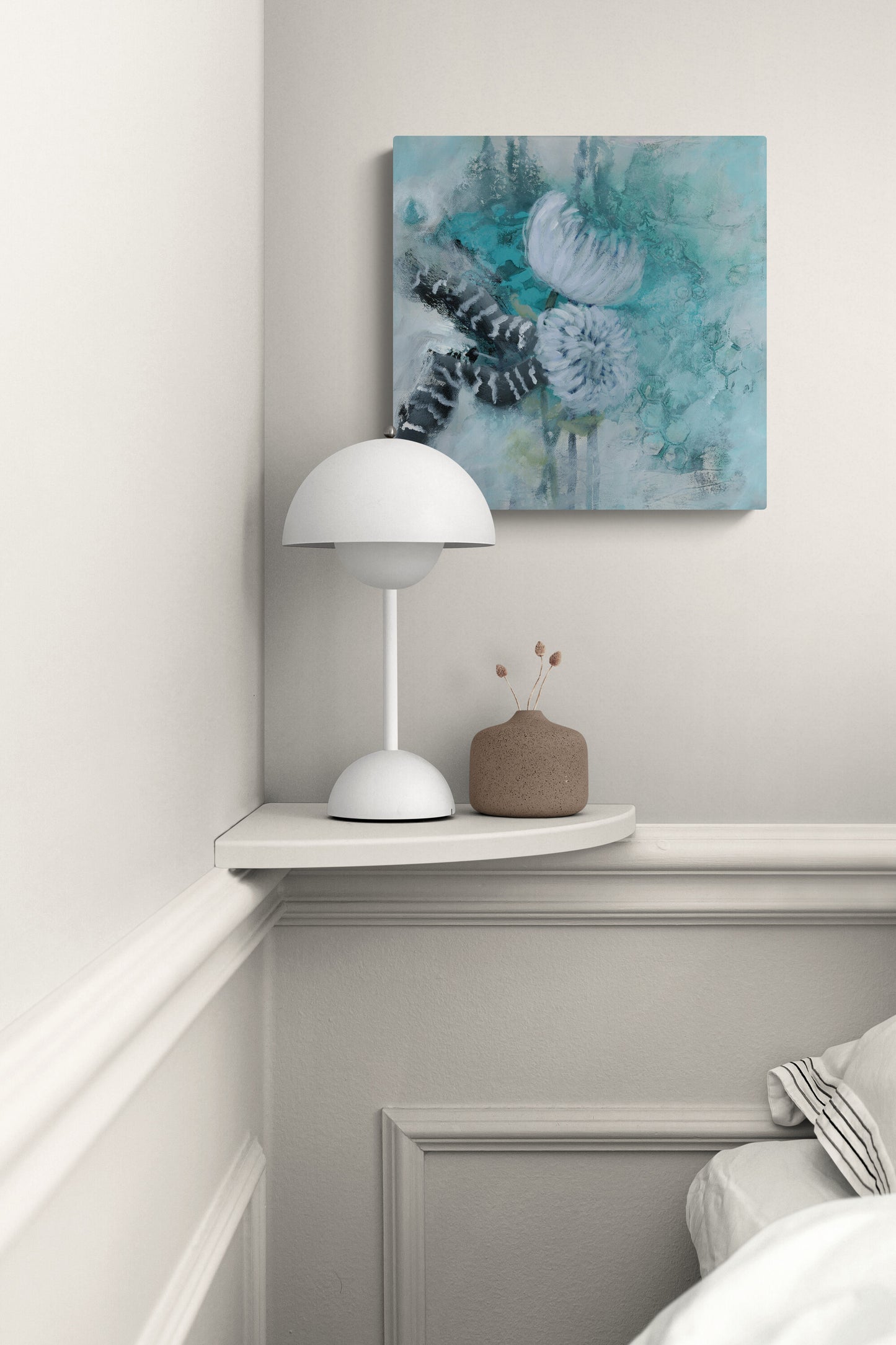 Original floral abstract realism mixed media art in bedroom by Little Haven Art Studio in teal, mint, black, gray, white. By Amanda Craig.