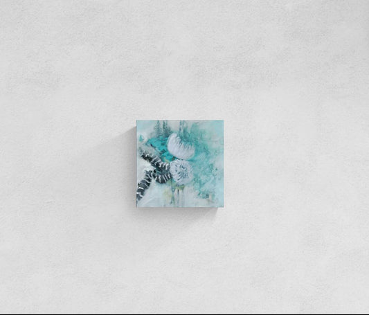 Original teal floral abstract impressionism wall art by Little Haven Art Studio in teal, mint, black, gray, white.