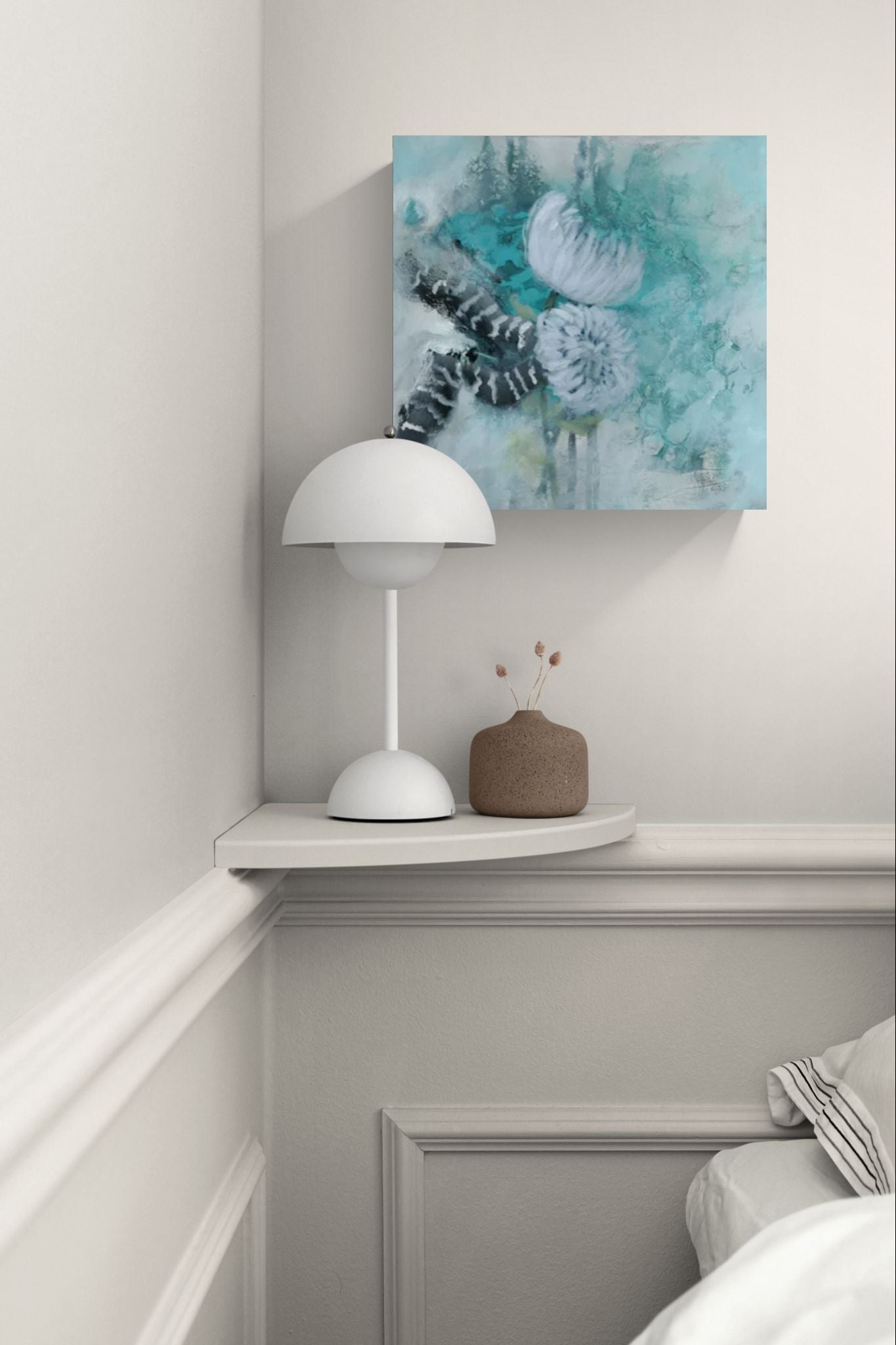 Original teal floral abstract impressionism wall art by Little Haven Art Studio in teal, mint, black, gray, white in bedroom corner.