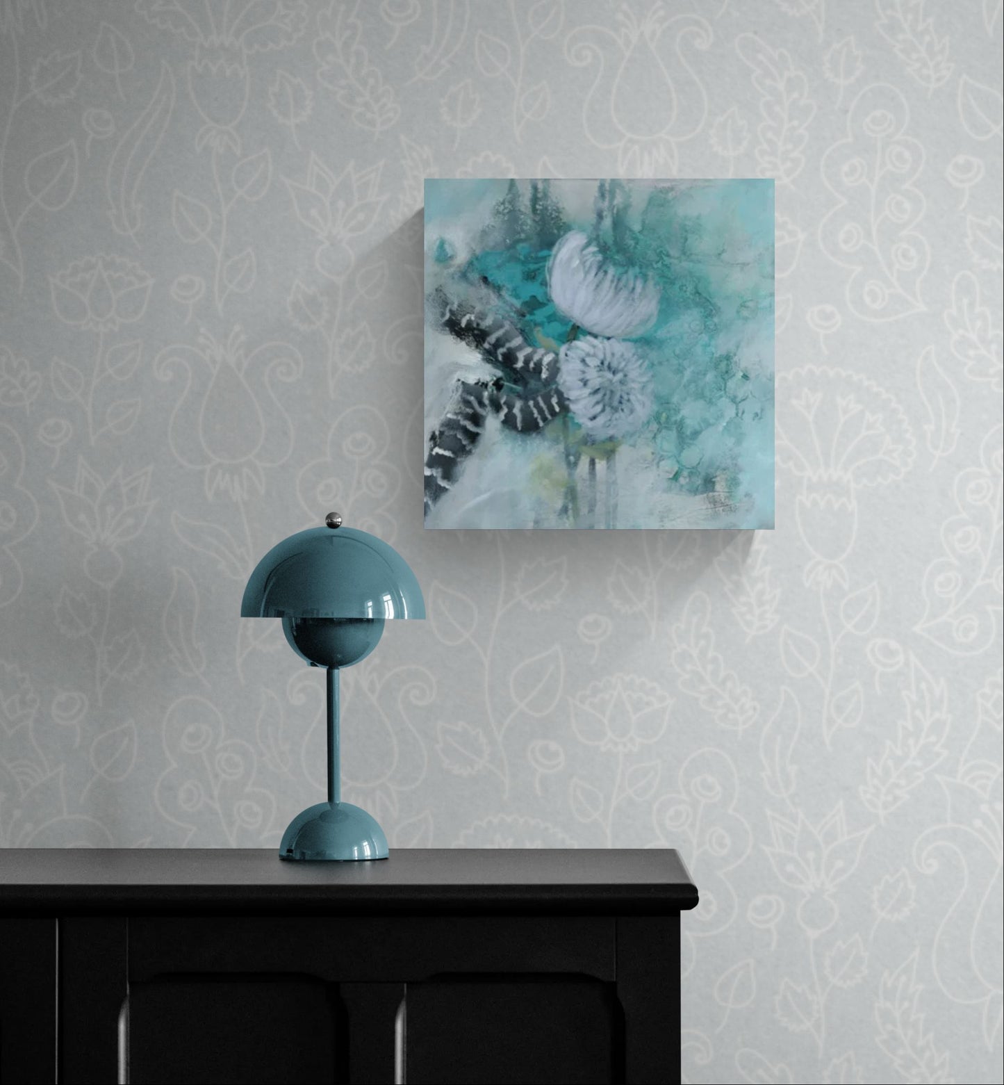 Original teal floral abstract impressionism wall art by Little Haven Art Studio in teal, mint, black, gray, white in hallway above black table.