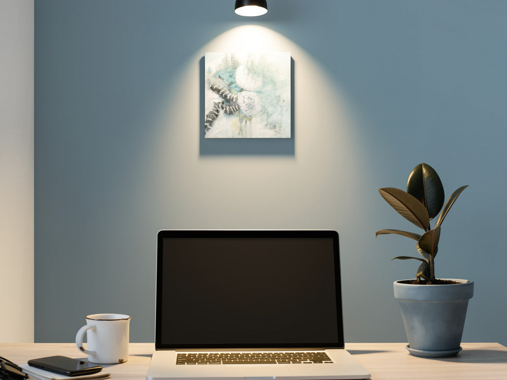 Original teal floral abstract impressionism wall art by Little Haven Art Studio in teal, mint, black, gray, white in office with spotlight.