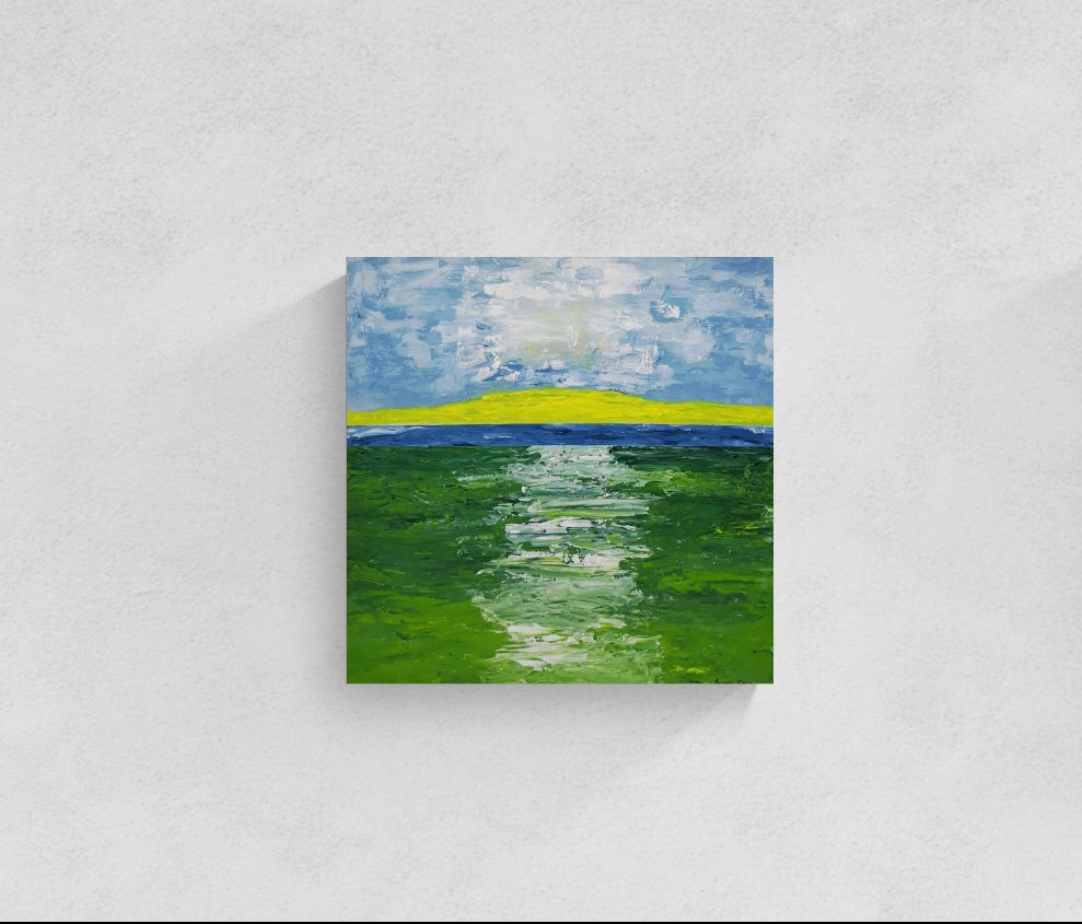 The Golden Strand original painting of abstract landscape of path through field and water by Amanda Craig, Little Haven Art Studio, in green, blue, white, and yellow.