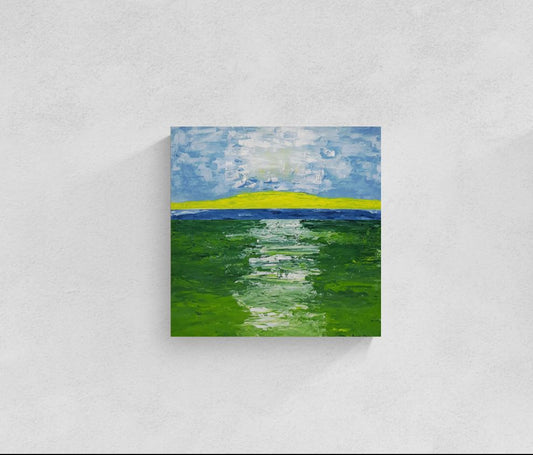 The Golden Strand original painting of abstract landscape of path through field and water by Amanda Craig, Little Haven Art Studio, in green, blue, white, and yellow.