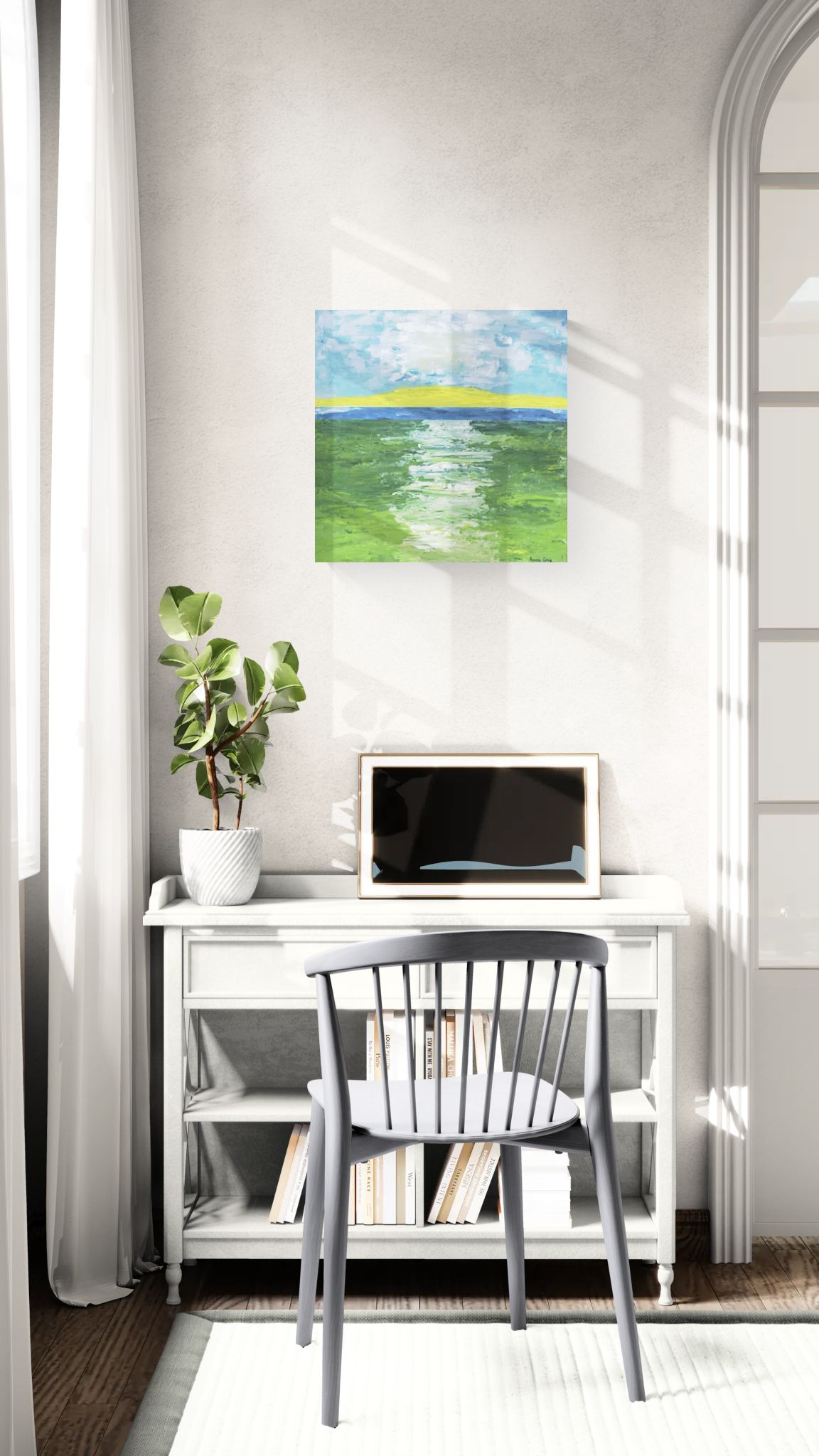 The Golden Strand original wall art of abstract landscape of path through field and water by Amanda Craig, Little Haven Art Studio, in green, blue, white, and yellow hanging in modern office.