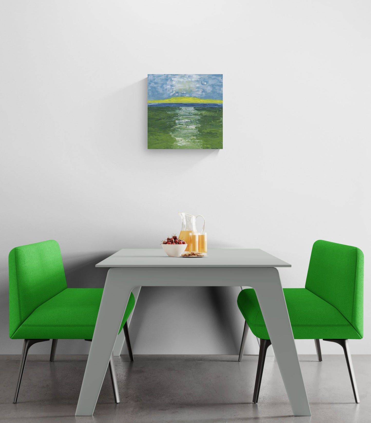 The Golden Strand original wall art of abstract landscape of path through field and water by Amanda Craig, Little Haven Art Studio, in green, blue, white, and yellow hanging in retro dining room.