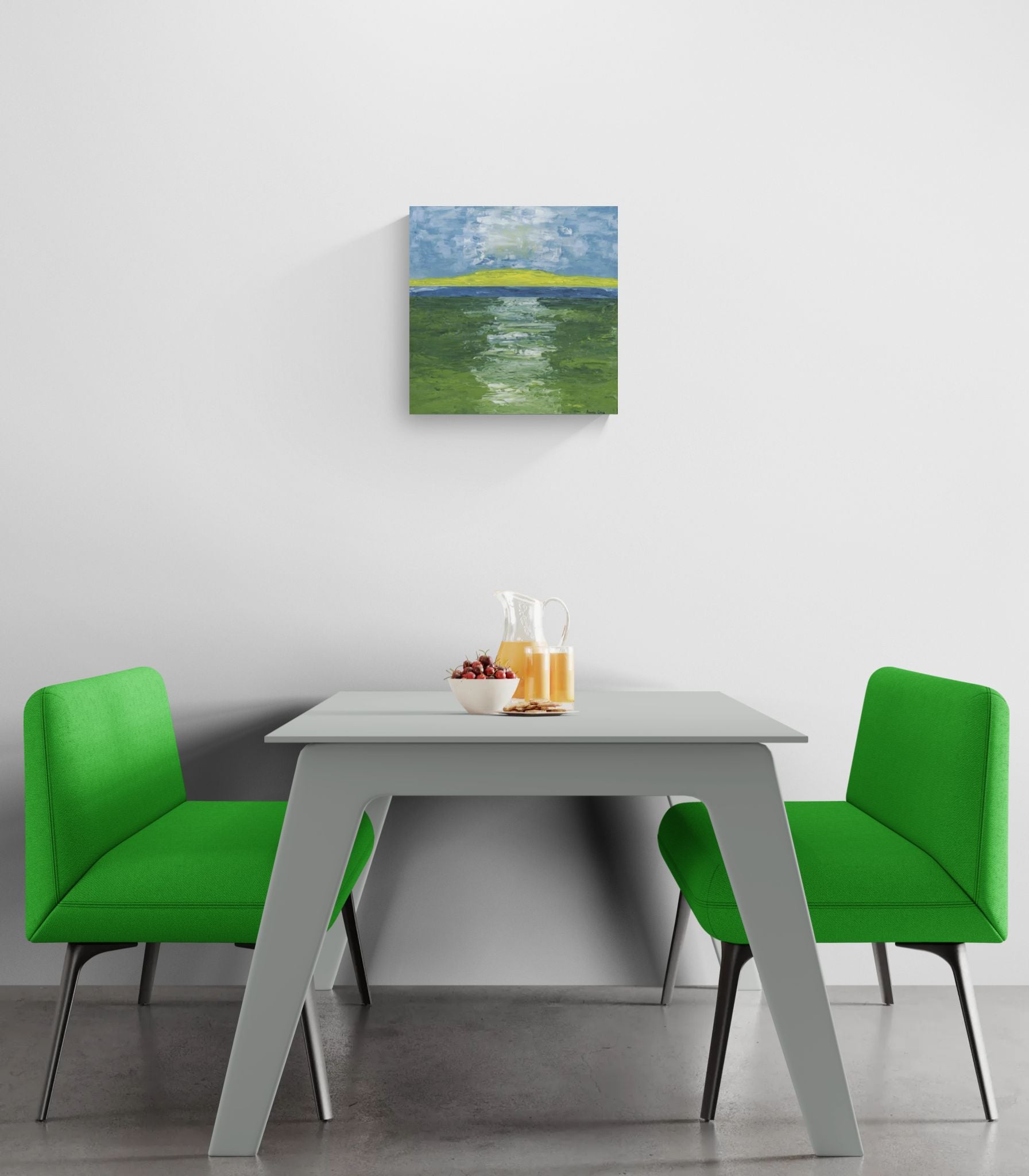 The Golden Strand original wall art of abstract landscape of path through field and water by Amanda Craig, Little Haven Art Studio, in green, blue, white, and yellow hanging in retro dining room.