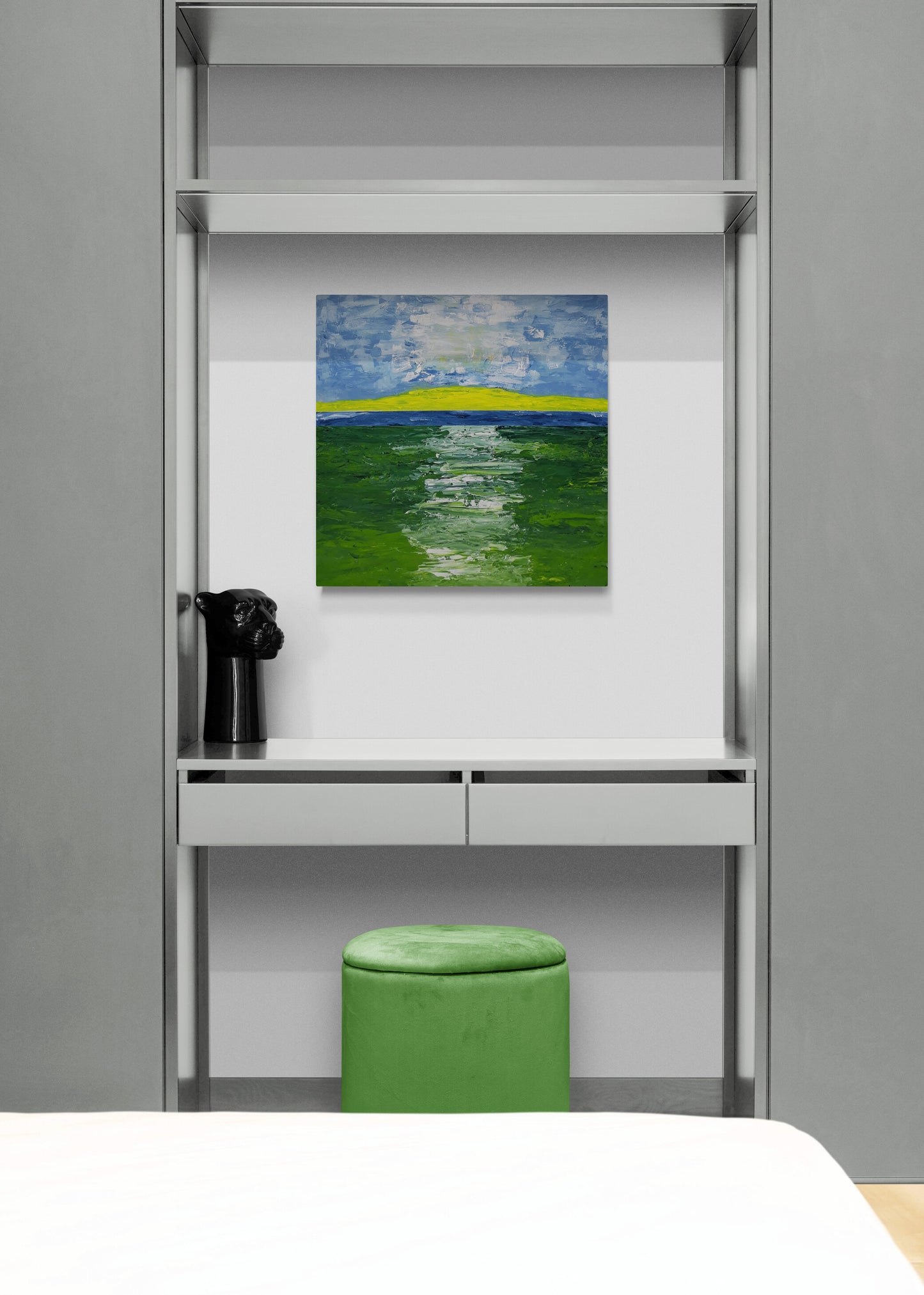 Original mixed media art of abstract landscape of path through field and water in office by Amanda Craig, Little Haven Art Studio.