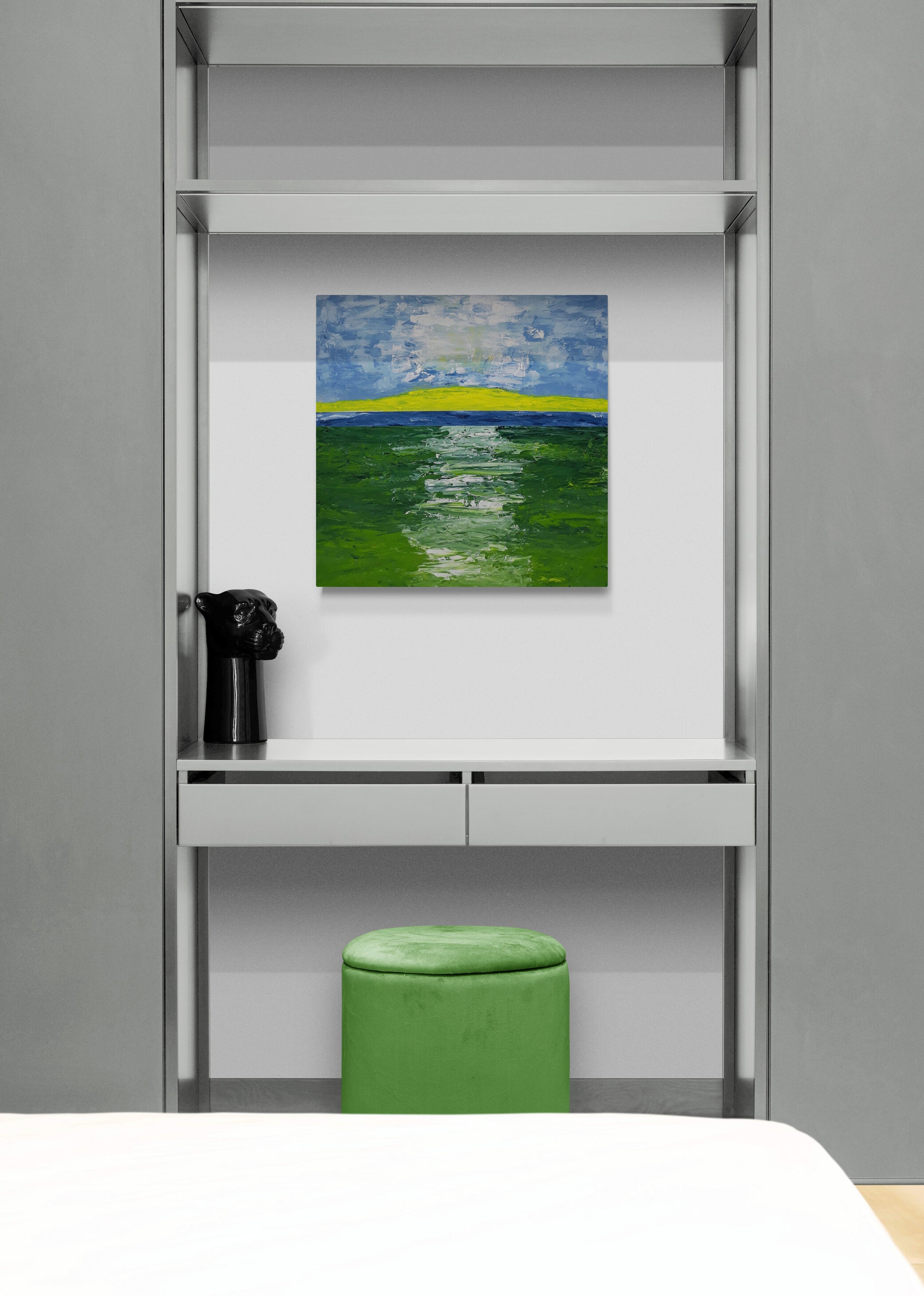 Original mixed media art of abstract landscape of path through field and water in office by Amanda Craig, Little Haven Art Studio.