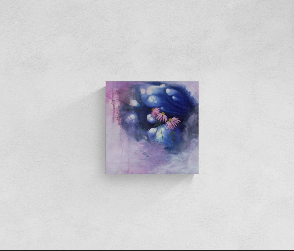 "The Hidden Place" is original abstract impressionism floral wall art in blue, pink, purple, and white with a dreamy aesthetic of echinacea flowers revealed in a secret space.