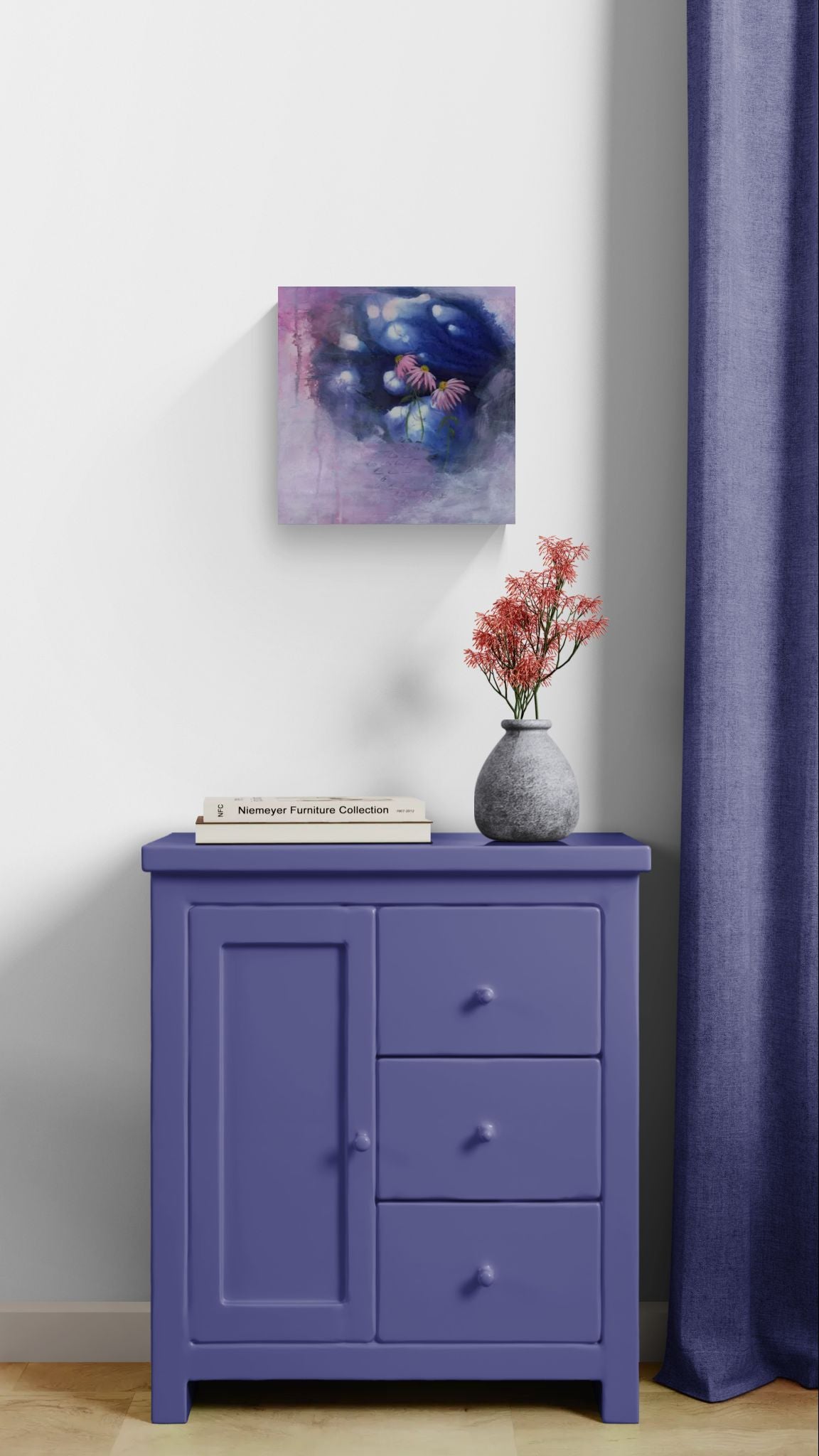 "The Hidden Place" is original abstract impressionism floral wall art in blue, pink, purple, and white with a dreamy aesthetic of echinacea flowers revealed in a secret space in corner above table.