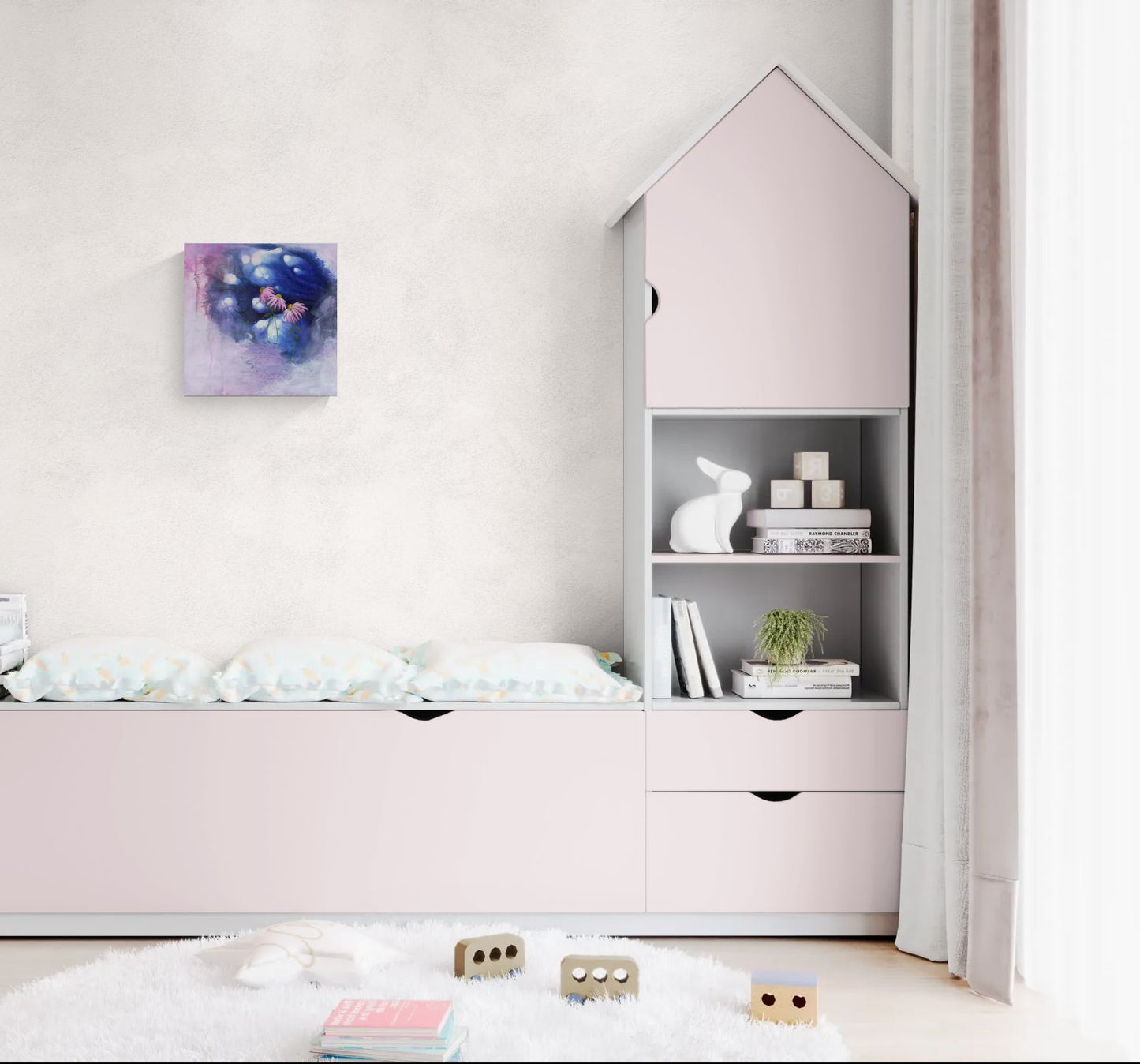 "The Hidden Place" is original abstract impressionism floral wall art in blue, pink, purple, and white with a dreamy aesthetic of echinacea flowers revealed in a secret space in kid's bedroom.