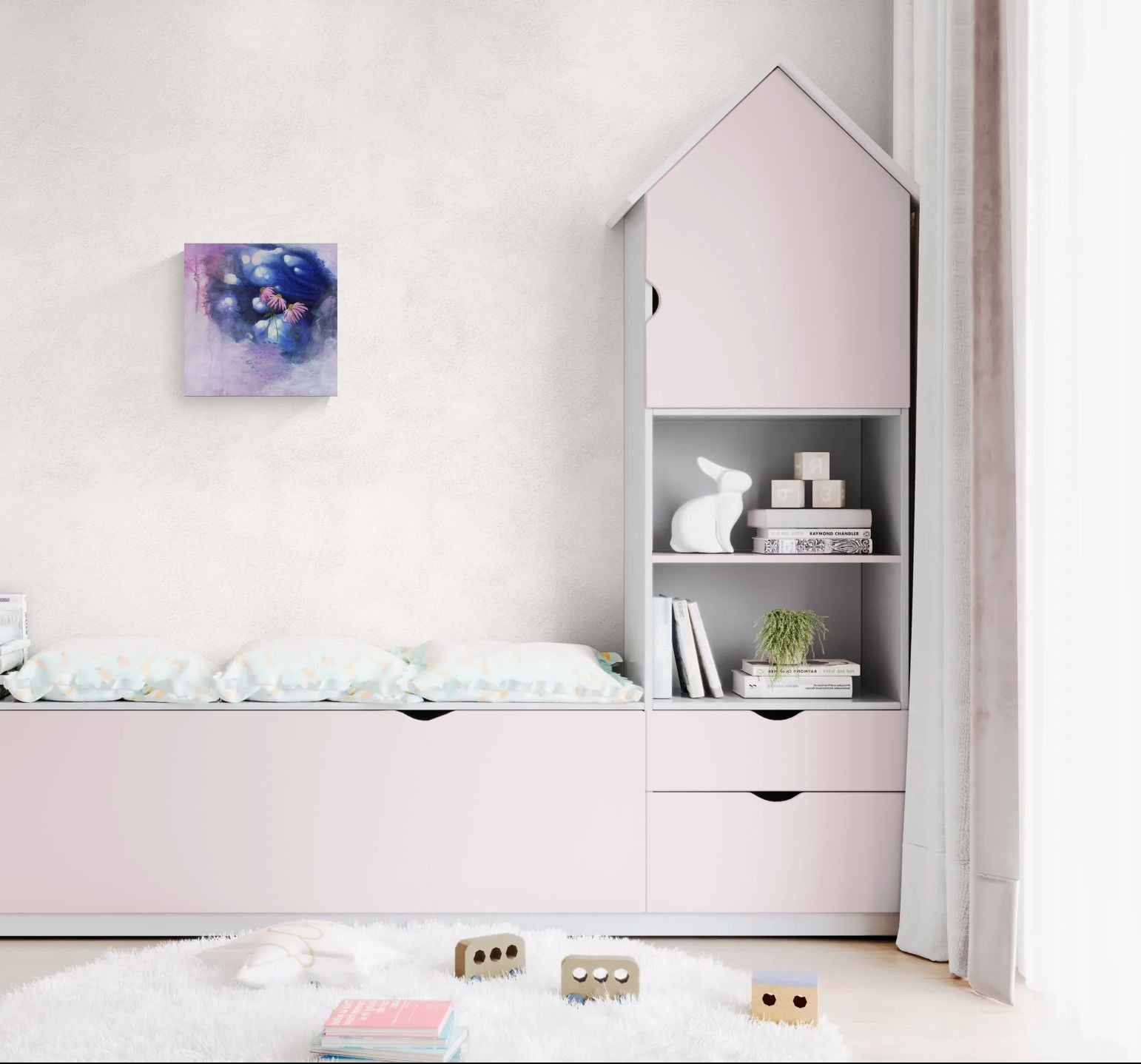 "The Hidden Place" is original abstract impressionism floral wall art in blue, pink, purple, and white with a dreamy aesthetic of echinacea flowers revealed in a secret space in kid's bedroom.